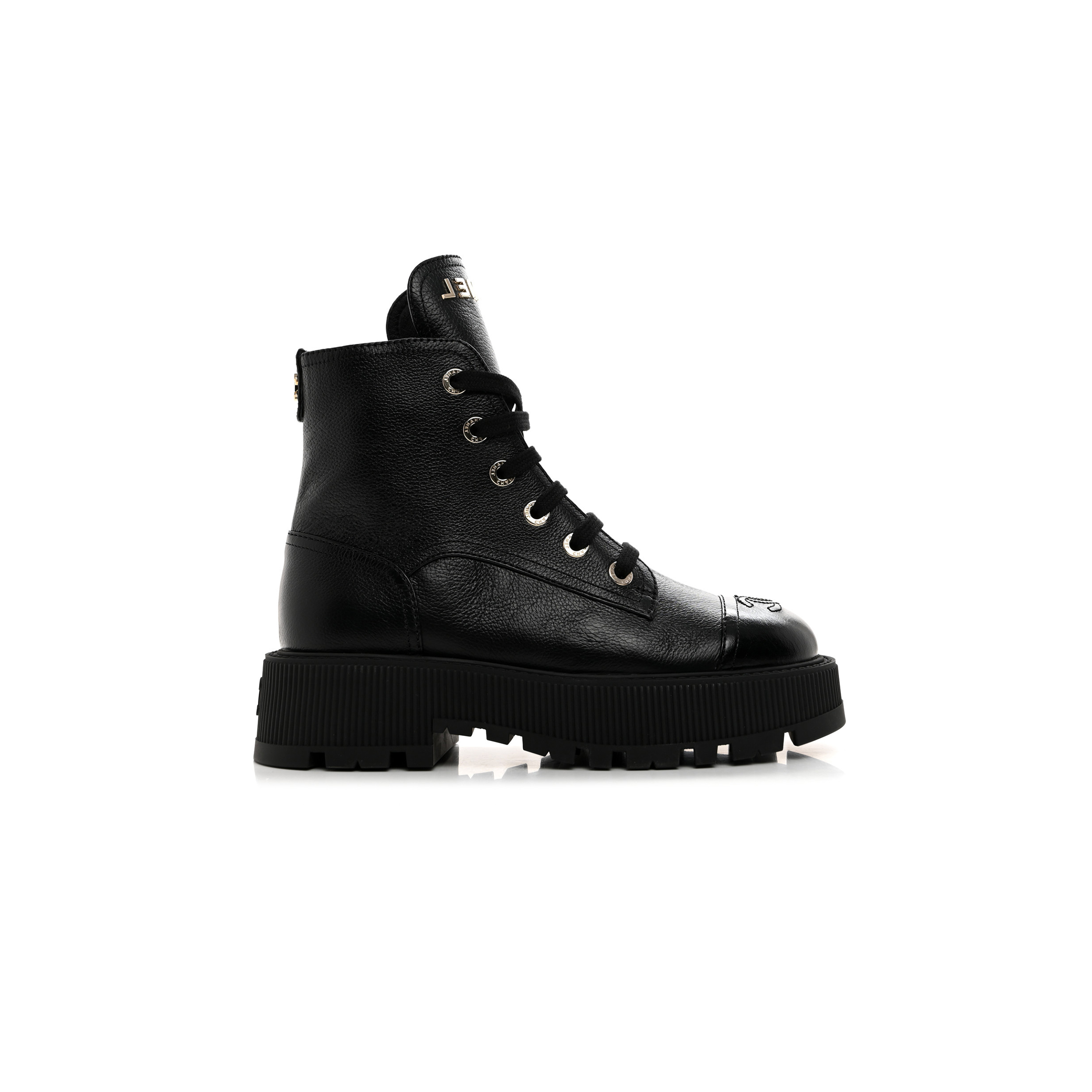 CHANEL GRAINED CALFSKIN SHINY CALFSKIN CC LACE UP COMBAT BOOTS 1437689